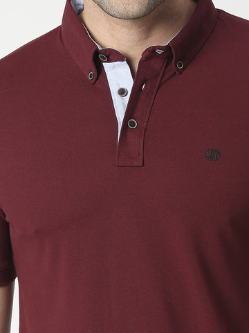 Wine Cotton Lycra Button Down Polo T-shirt
