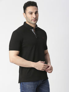 Black Cotton Lycra Button Down Polo T-shirt