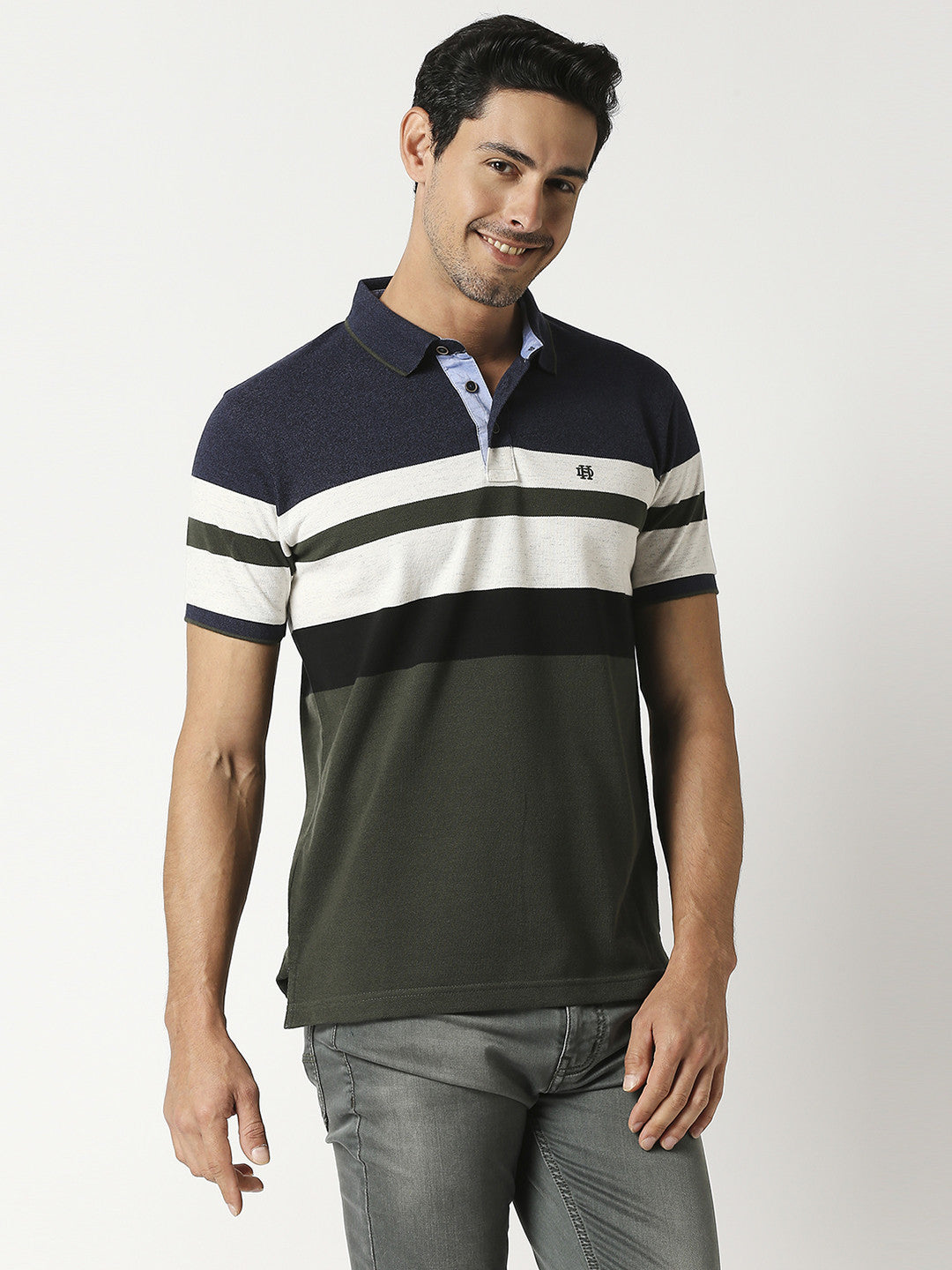 Olive & Navy Pique Striped Polo T-shirt