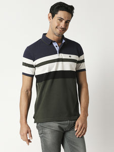 Olive & Navy Pique Striped Polo T-shirt
