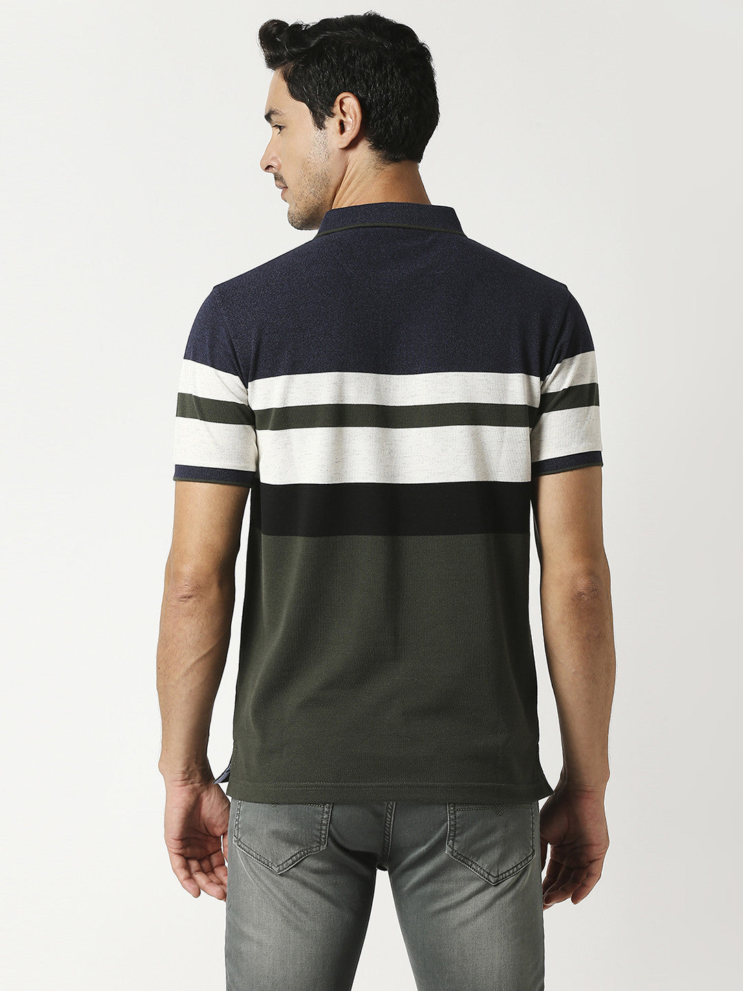 Olive & Navy Pique Striped Polo T-shirt