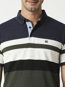 Olive & Navy Pique Striped Polo T-shirt