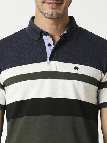 Olive & Navy Pique Striped Polo T-shirt