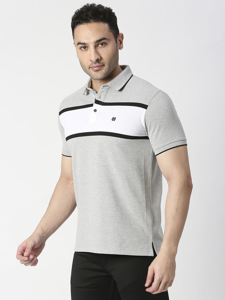 Grey Melange Striped Pique Polo T-shirt