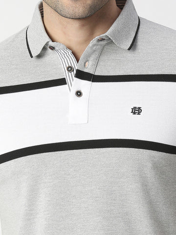 Grey Melange Striped Pique Polo T-shirt