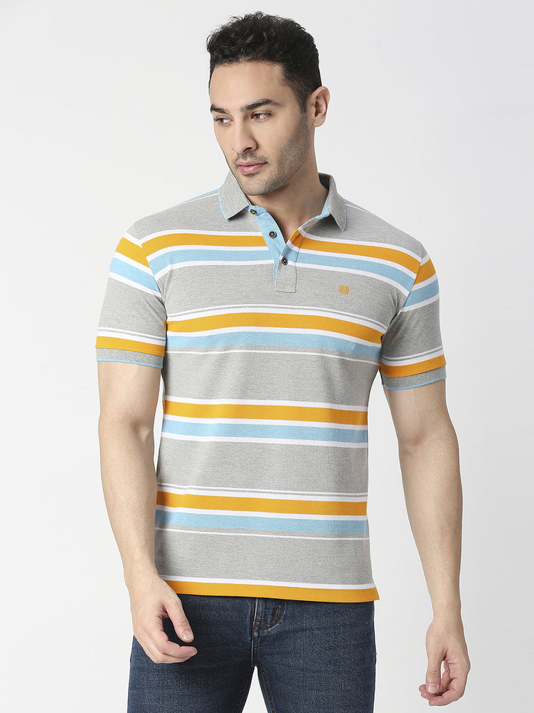 Grey Melange Striped Pique Polo T-shirt