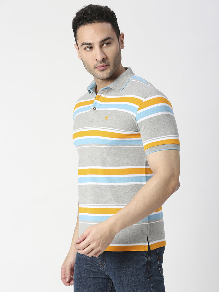 Grey Melange Striped Pique Polo T-shirt