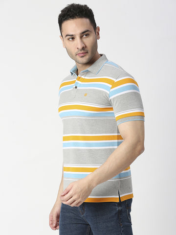 Grey Melange Striped Pique Polo T-shirt