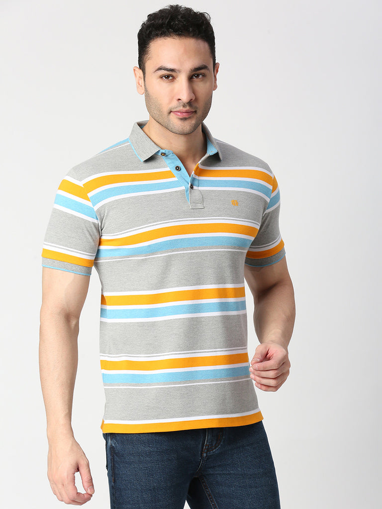 Grey Melange Striped Pique Polo T-shirt
