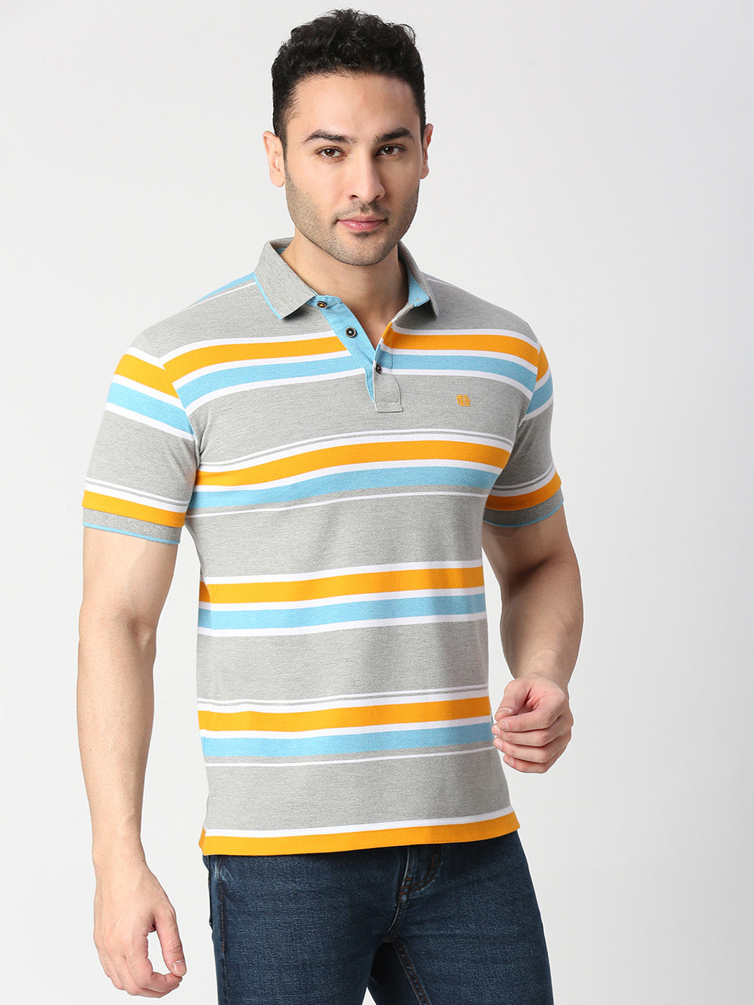 Grey Melange Striped Pique Polo T-shirt