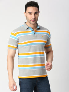 Grey Melange Striped Pique Polo T-shirt