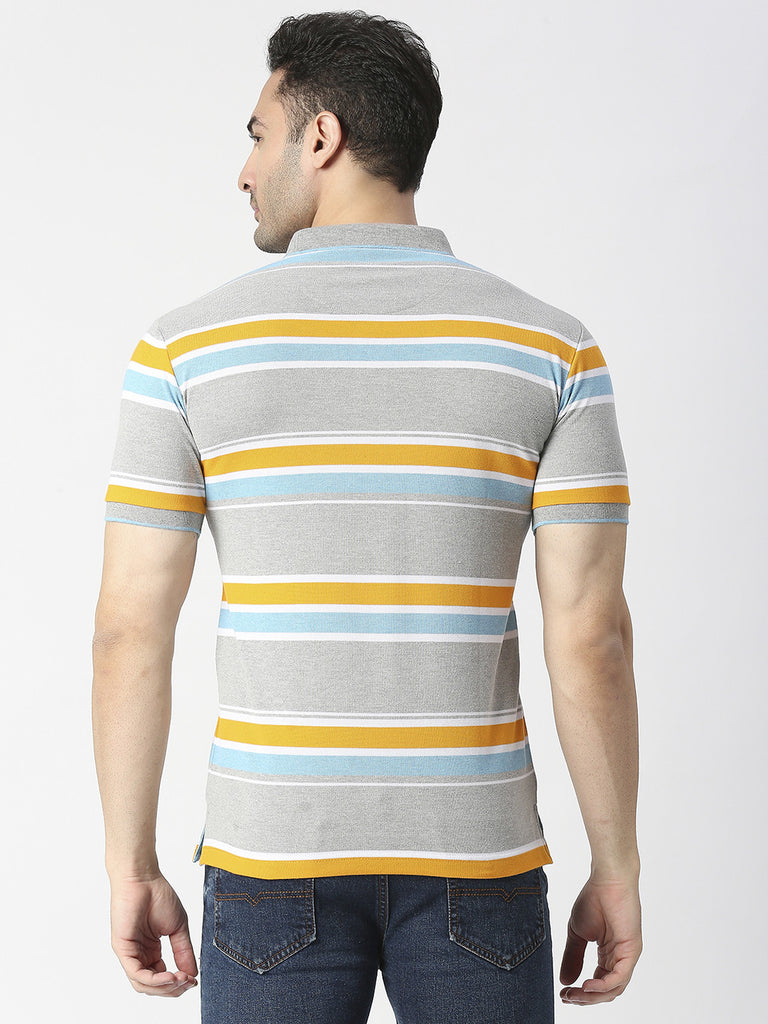 Grey Melange Striped Pique Polo T-shirt