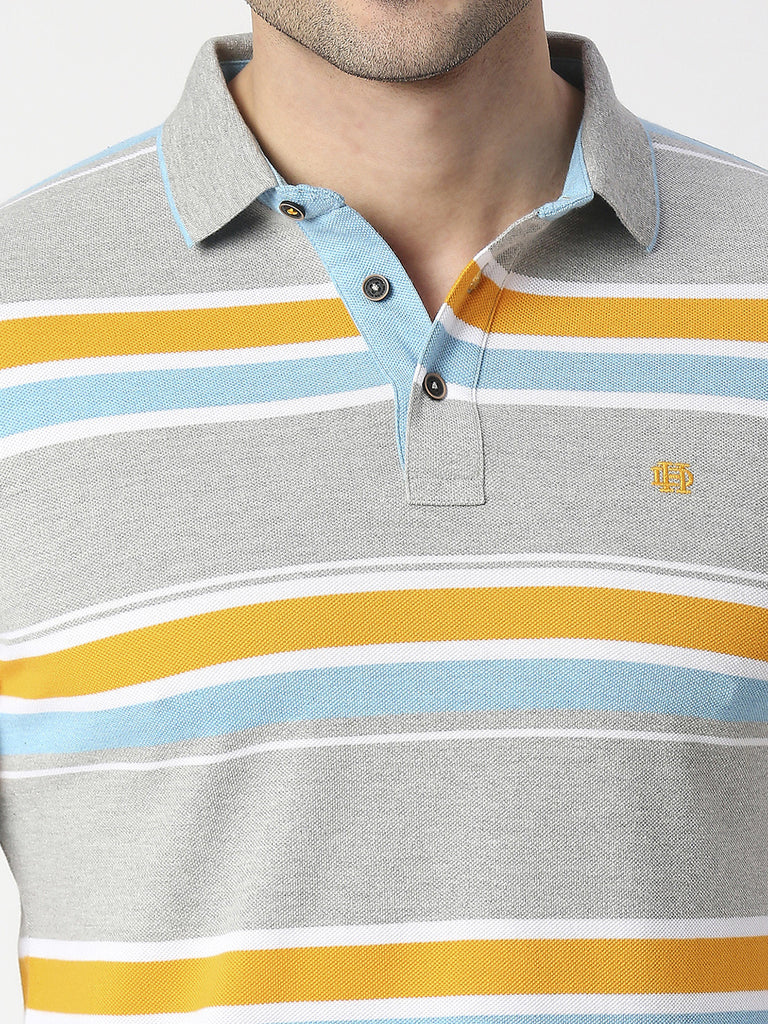 Grey Melange Striped Pique Polo T-shirt