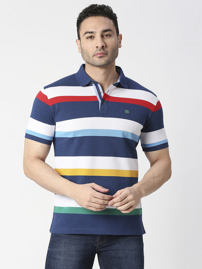 A F Blue & White Pique Striped Polo T-shirt