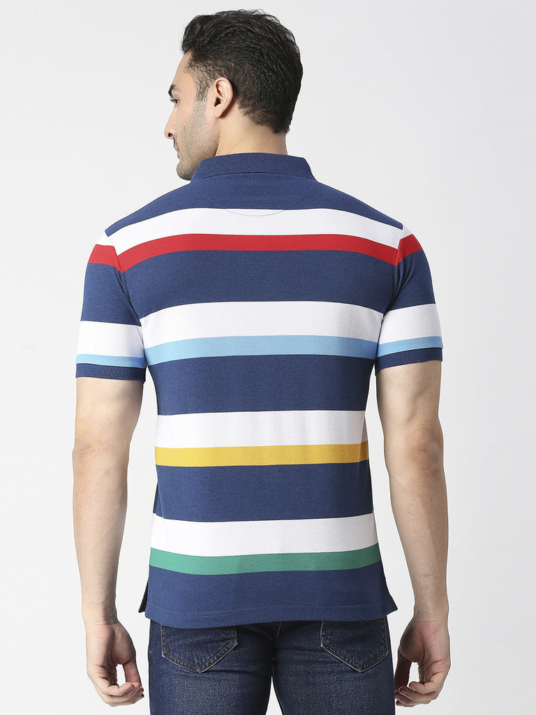 A F Blue & White Pique Striped Polo T-shirt