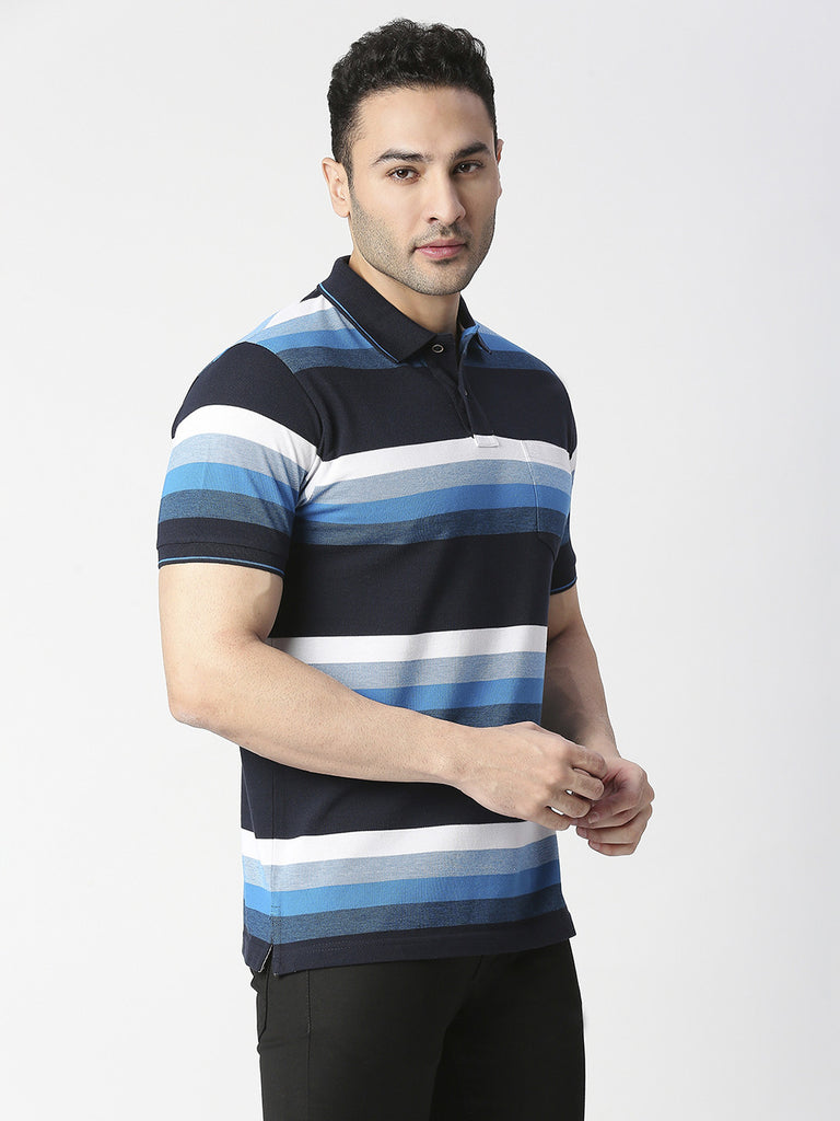 Navy Blue Striped Pique Polo T-shirt With Pocket