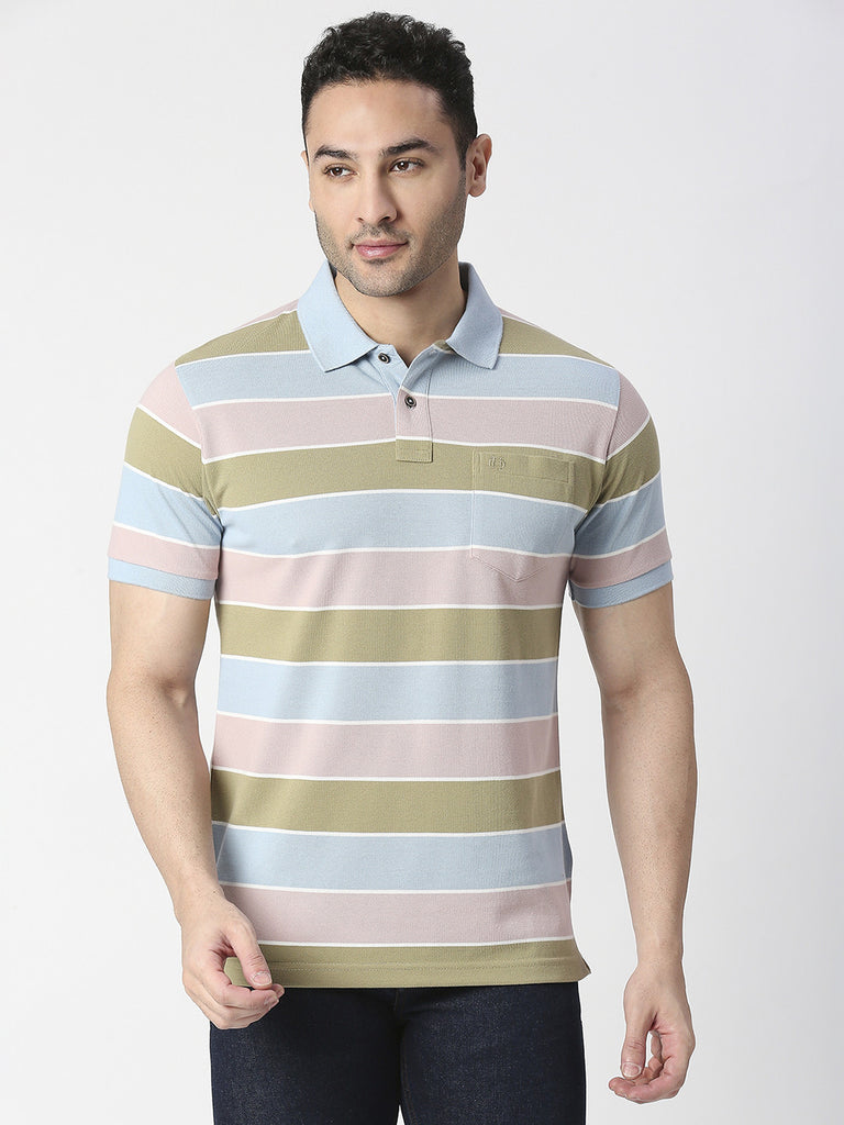 Pastel Striped Pique Polo T-shirt With Pocket