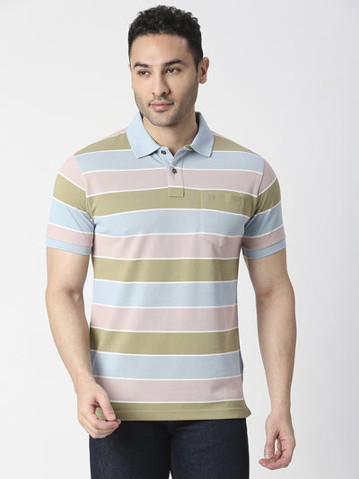 Pastel Striped Pique Polo T-shirt With Pocket