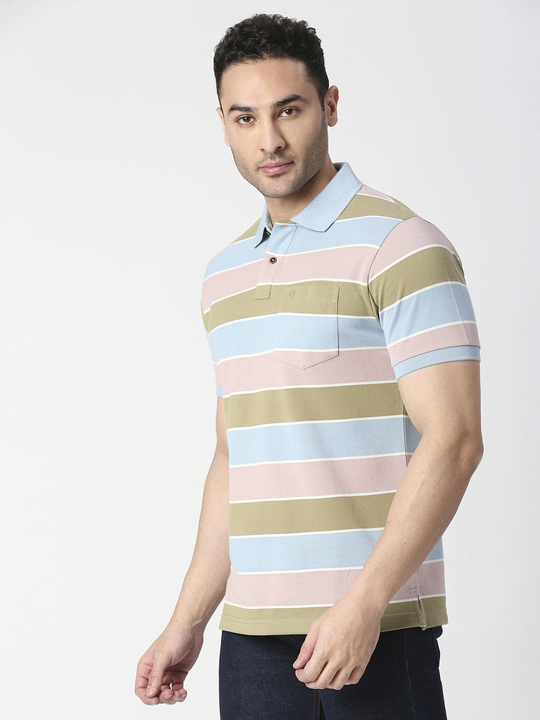 Pastel Striped Pique Polo T-shirt With Pocket
