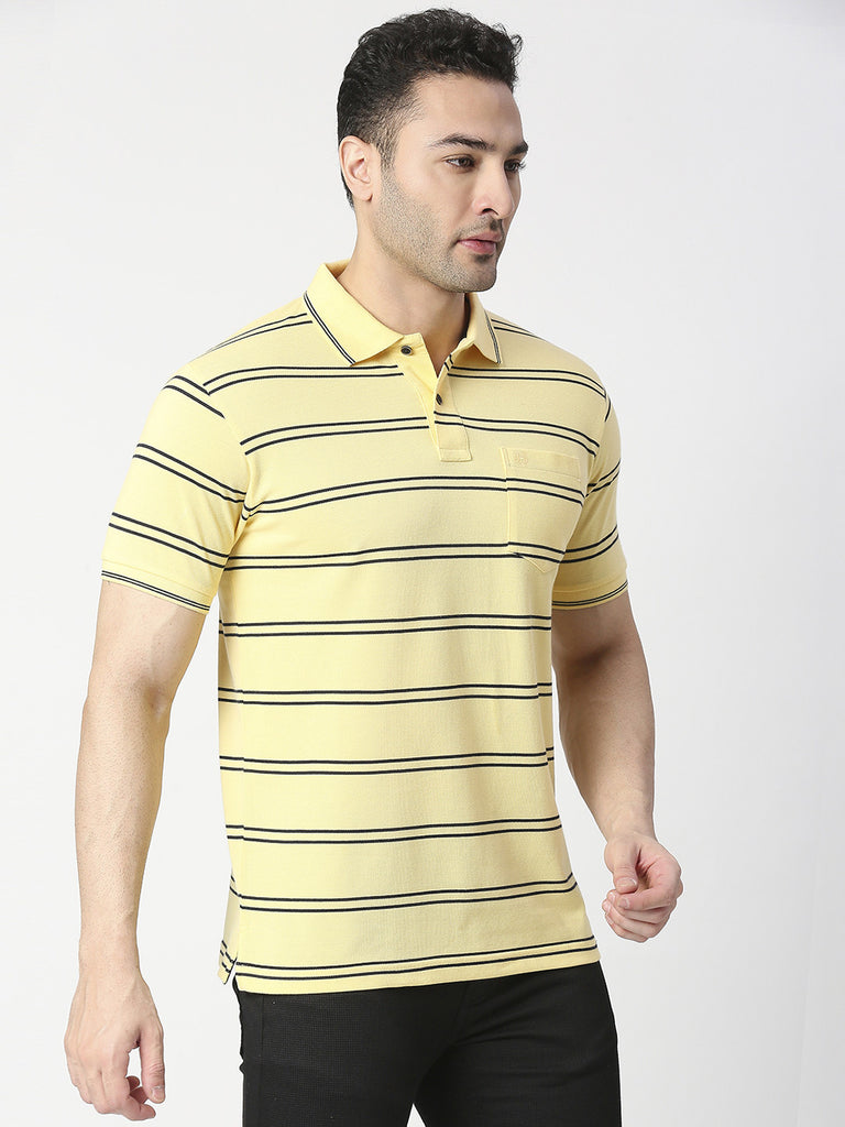 Lemon Yellow Striped Pique Polo T-shirt with Pocket