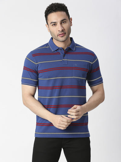 Royal Blue Striped Pique Polo T-shirt With Pocket
