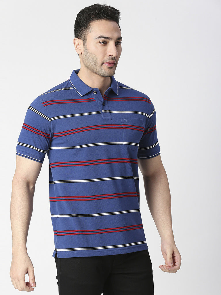 Royal Blue Striped Pique Polo T-shirt With Pocket