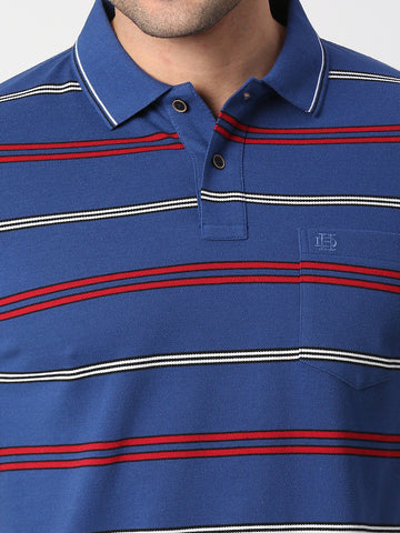 Royal Blue Striped Pique Polo T-shirt With Pocket