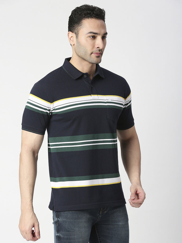 Navy Blue Striped Pique Polo T-shirt with Pocket