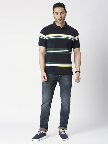 Navy Blue Striped Pique Polo T-shirt with Pocket