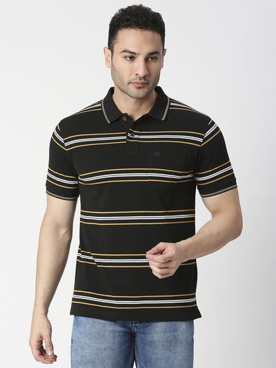 Black Striped Pique Polo T-shirt With Pocket