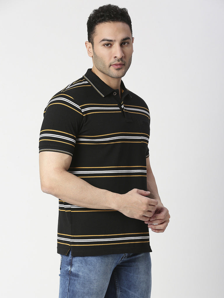 Black Striped Pique Polo T-shirt With Pocket