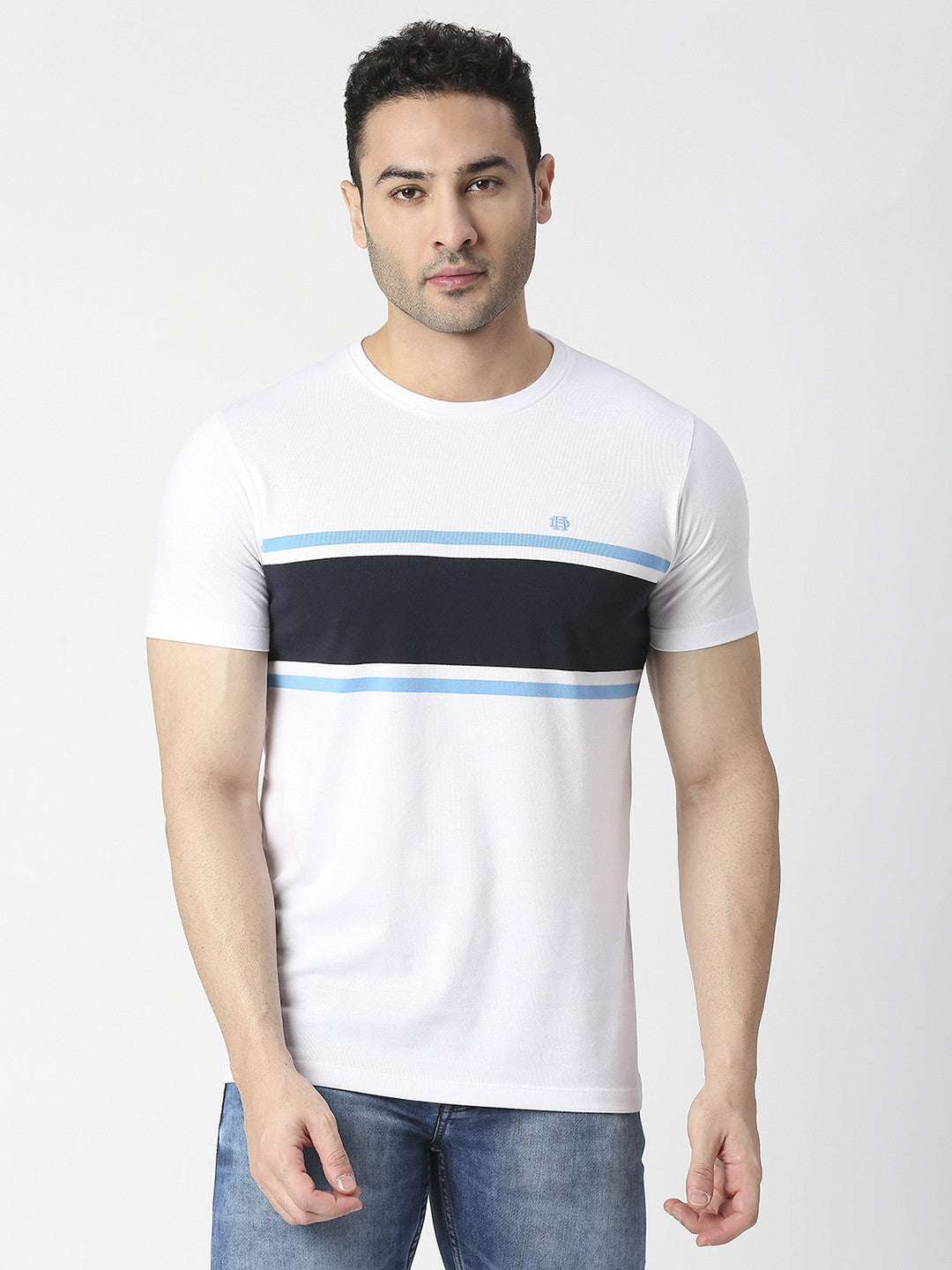 Navy Blue & White Striped Round Neck T-shirt