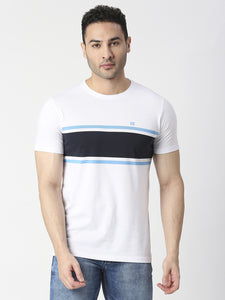 Navy Blue & White Striped Round Neck T-shirt