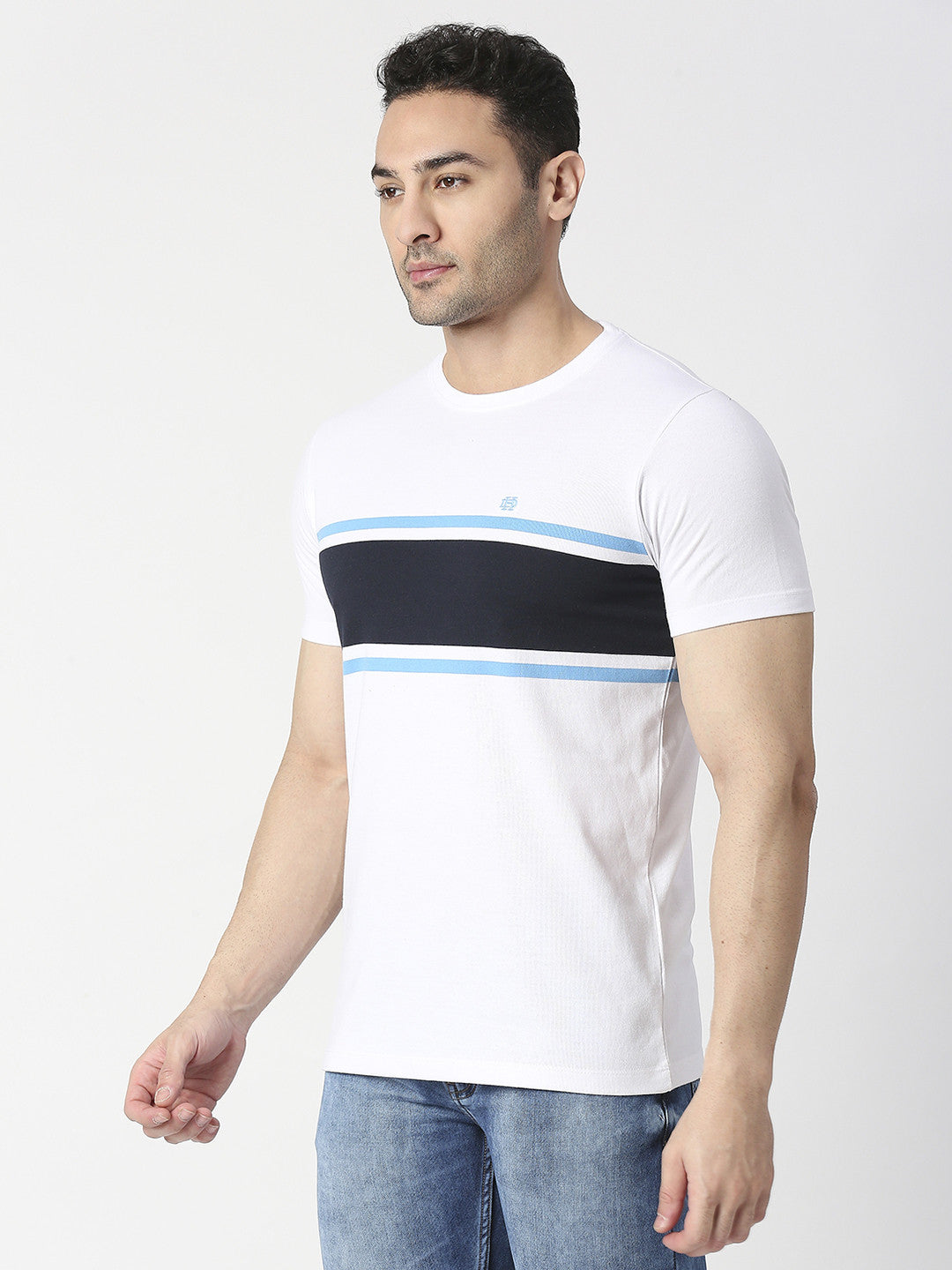 Navy Blue & White Striped Round Neck T-shirt