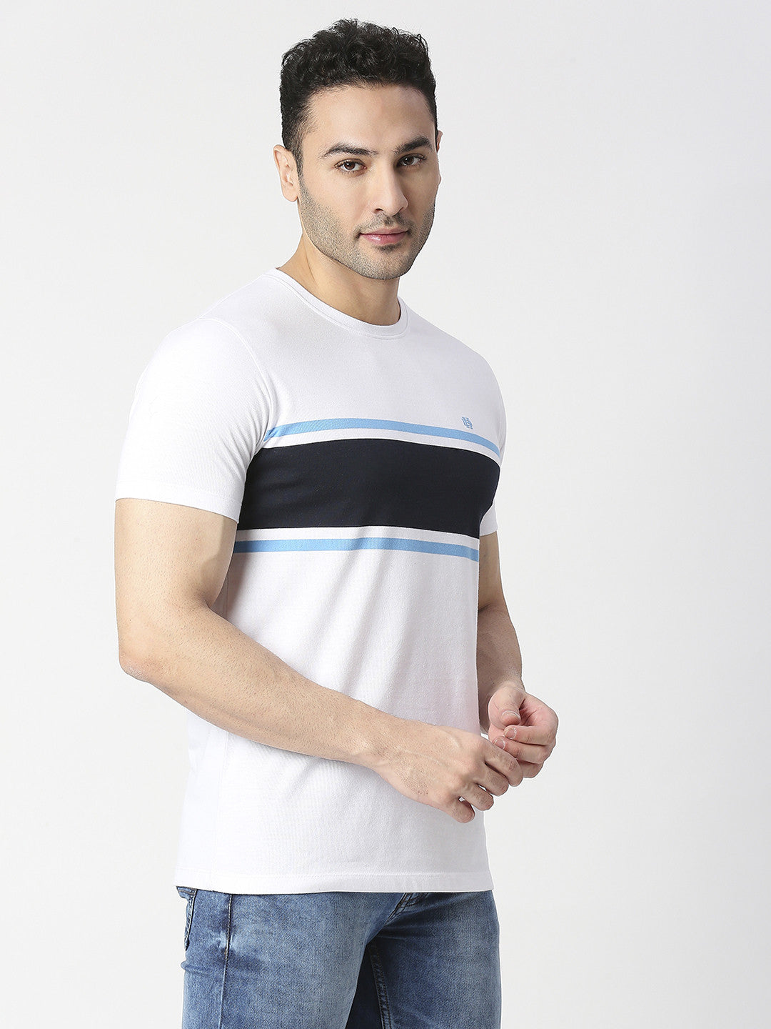 Navy Blue & White Striped Round Neck T-shirt