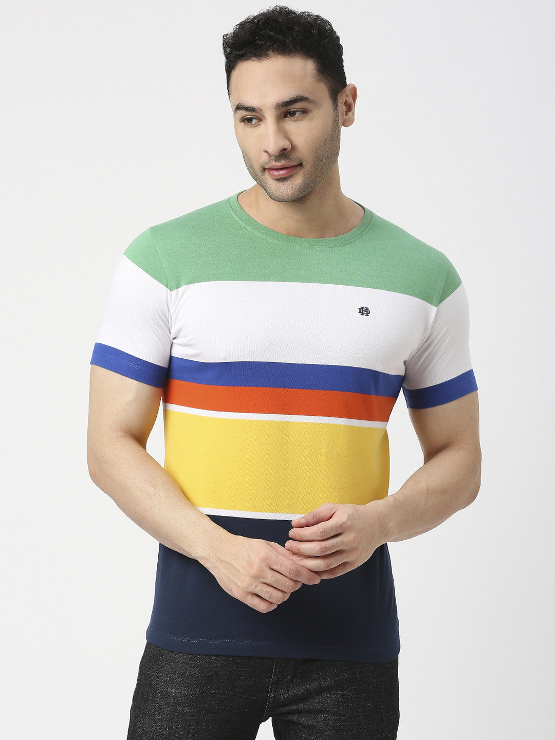 Green Multi Coloured Striped Round Neck T-shirt