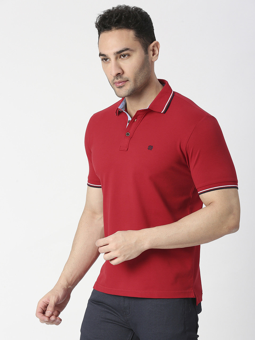 Red Pique Lycra Polo T-shirt With Tipping Collar