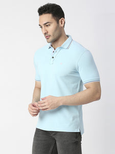 Sky Blue Pique Lycra Polo T-shirt With Tipping Collar