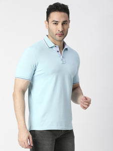 Sky Blue Pique Lycra Polo T-shirt With Tipping Collar