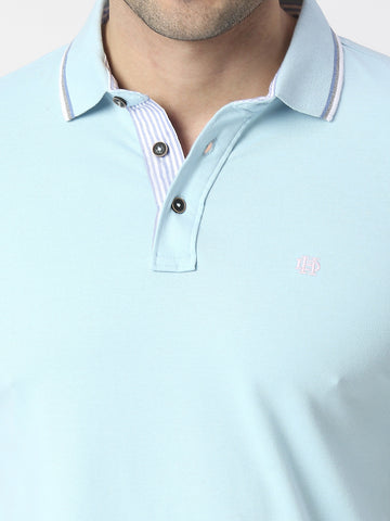 Sky Blue Pique Lycra Polo T-shirt With Tipping Collar