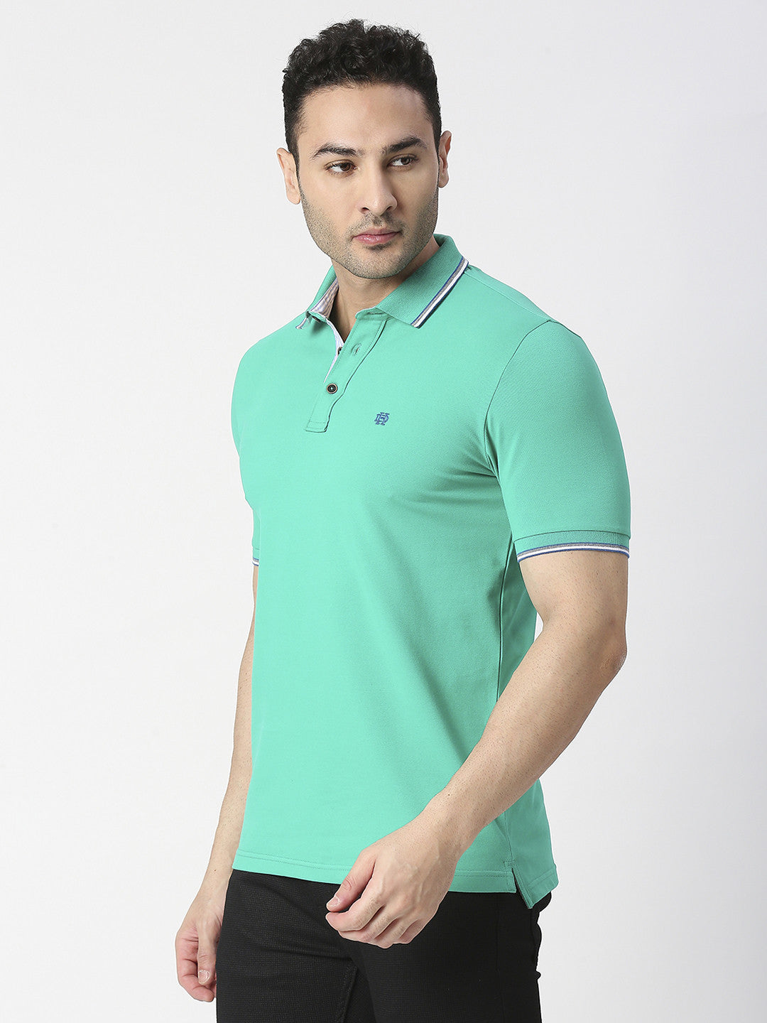 Green Pique Lycra Polo T-shirt With Tipping Collar