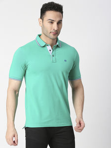 Green Pique Lycra Polo T-shirt With Tipping Collar