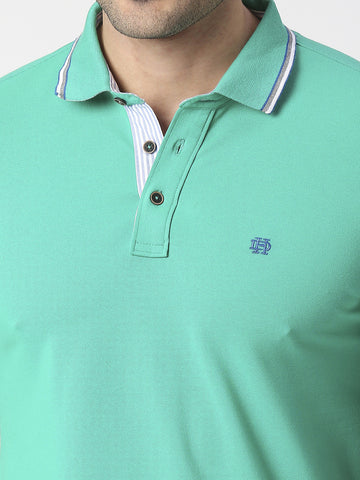 Green Pique Lycra Polo T-shirt With Tipping Collar