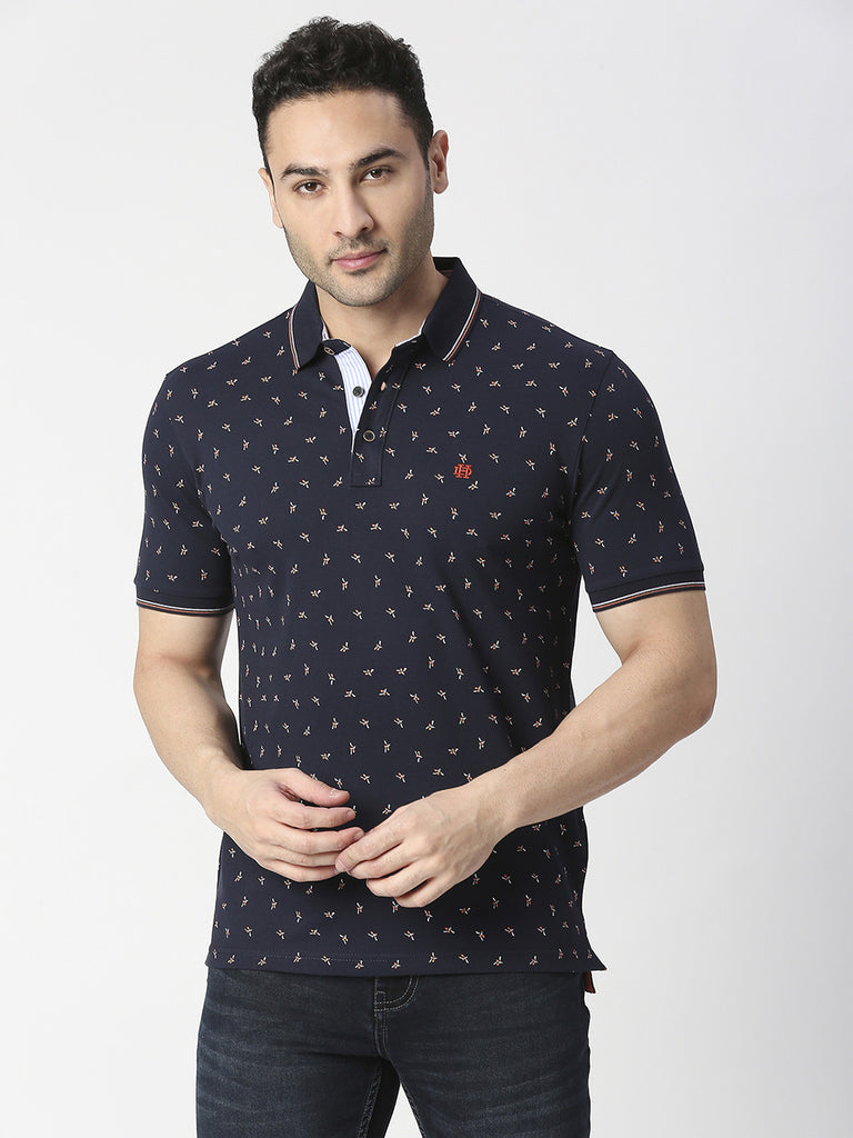 Navy Blue Printed Pique Polo T-shirt