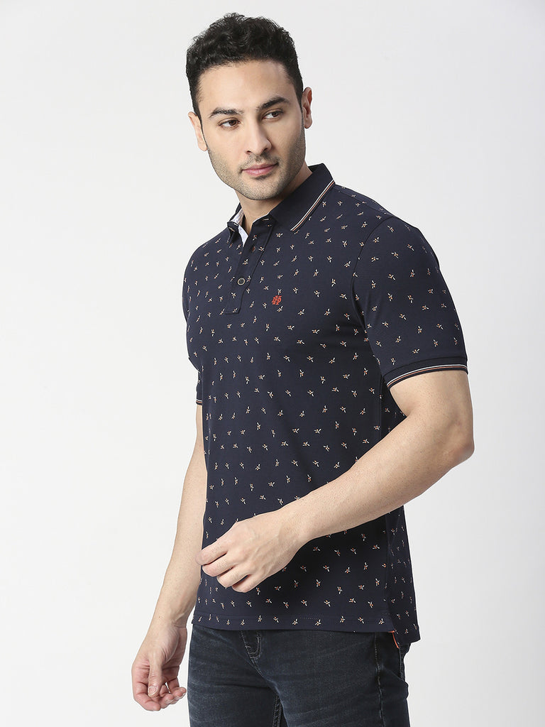 Navy Blue Printed Pique Polo T-shirt