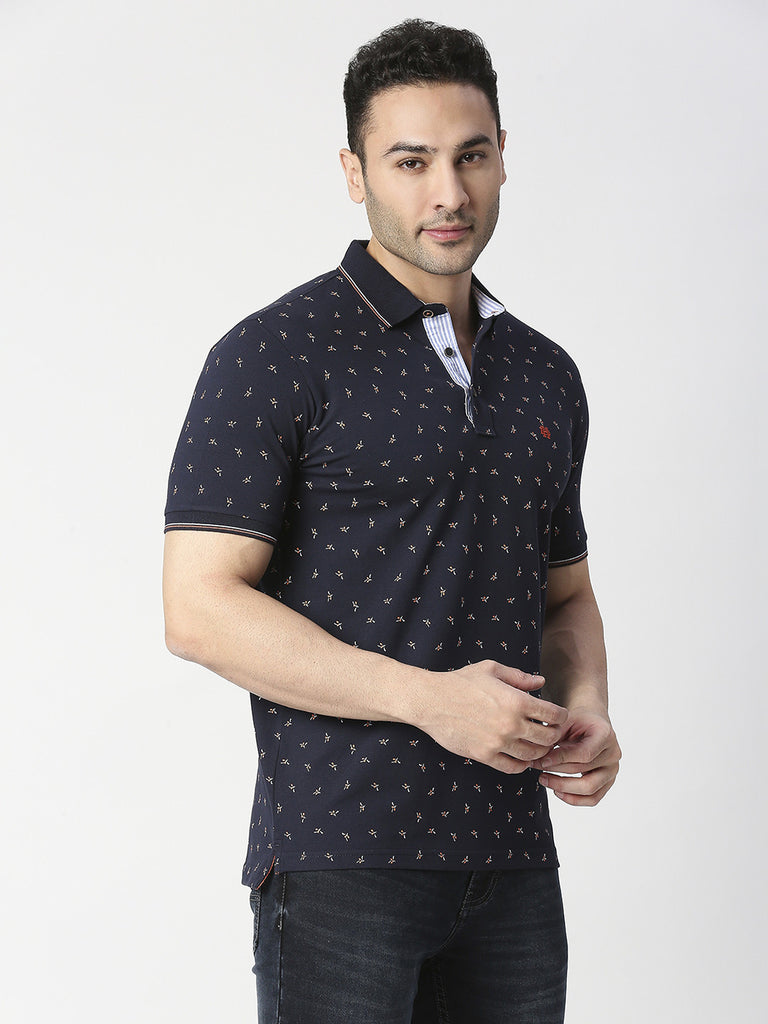 Navy Blue Printed Pique Polo T-shirt