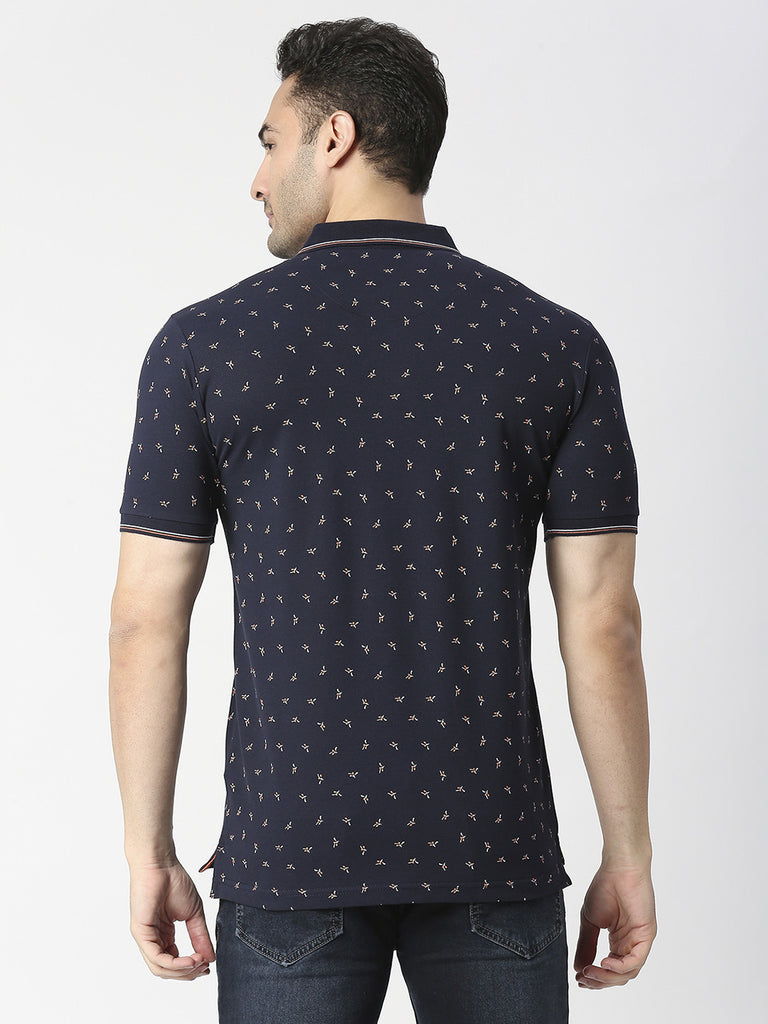 Navy Blue Printed Pique Polo T-shirt
