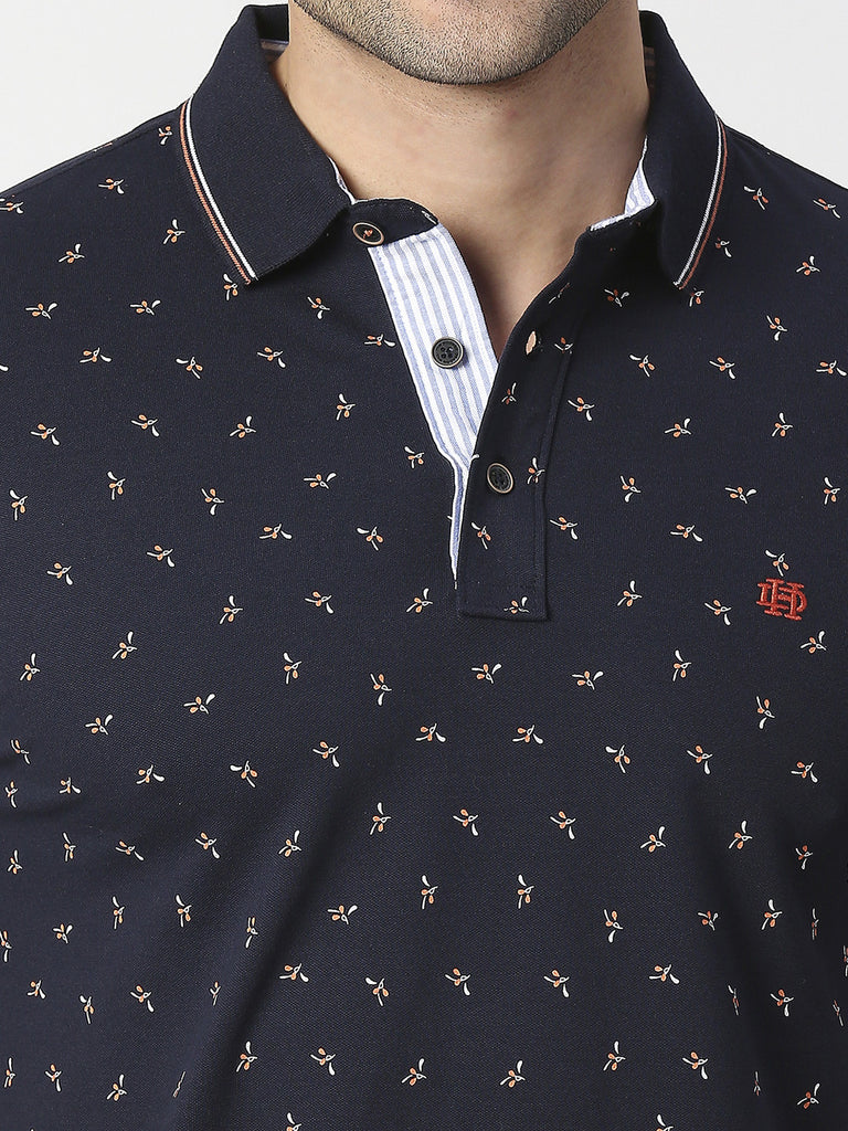 Navy Blue Printed Pique Polo T-shirt