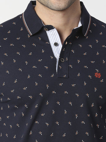 Navy Blue Printed Pique Polo T-shirt