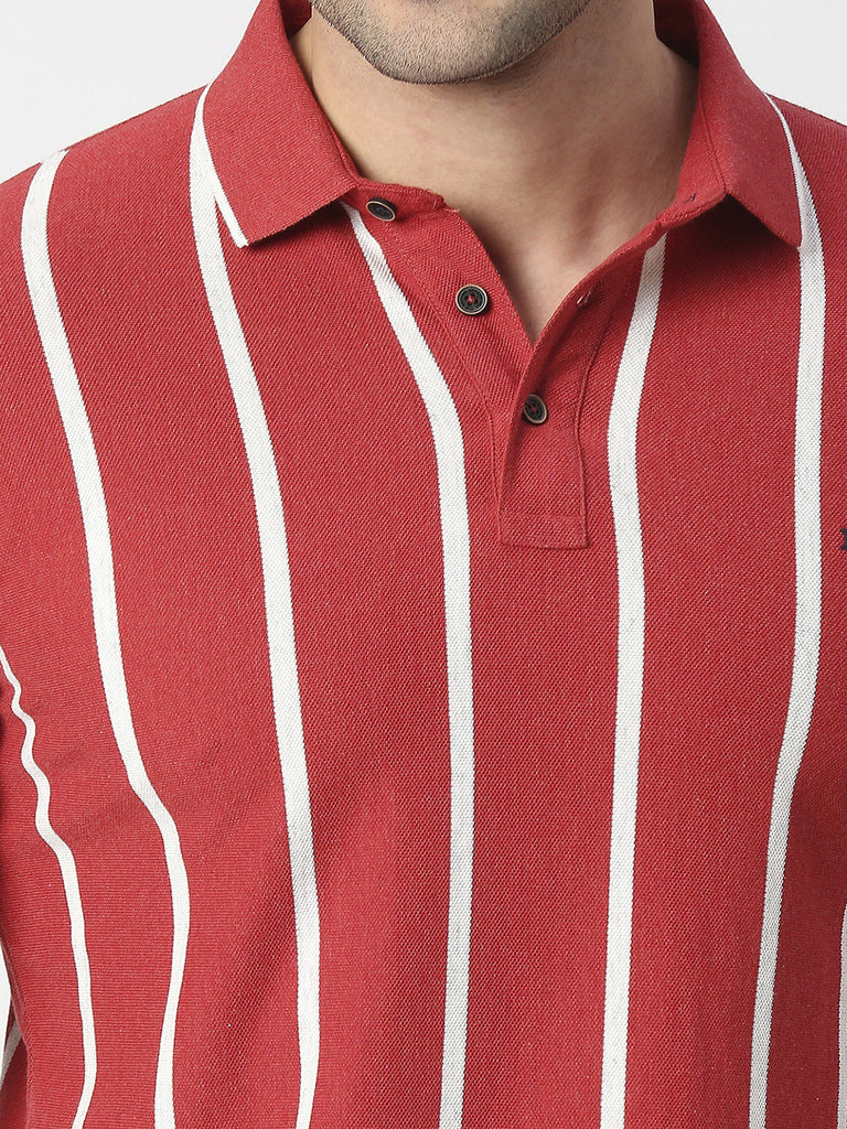 Red Melange Verticle Striped Pique Polo T-shirt